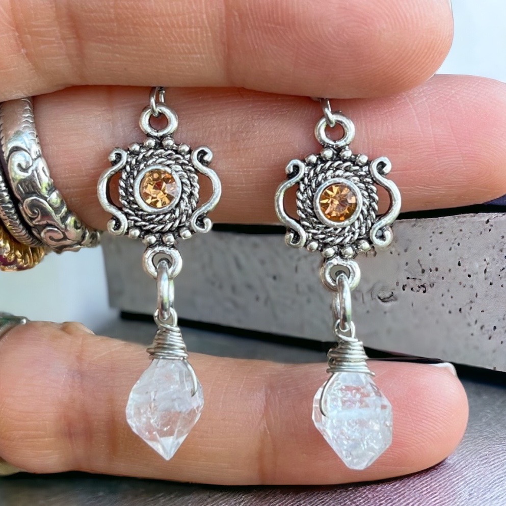 Genuine Herkimer Diamonds Crystal Quartz Orange Cz Morganite Dangly Earrings 30$